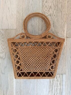 Woven Rattan Summer Handle Bag in Natural Brown